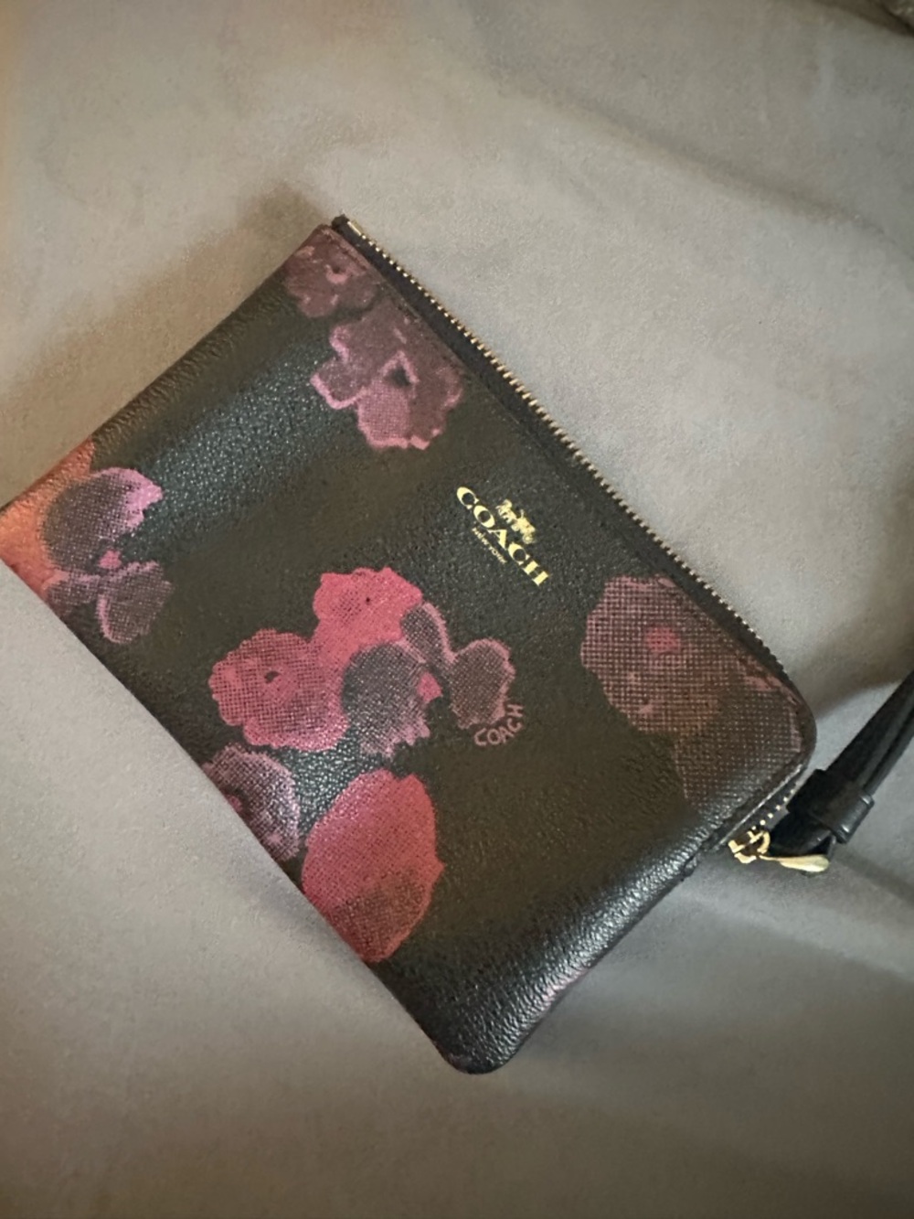 Coach Floral Zip Wristlet - Black with Pink Flowers